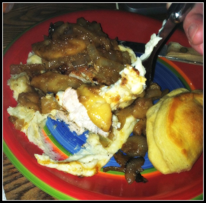 YUM. Mashed taters, pork, apples, onions...Best.